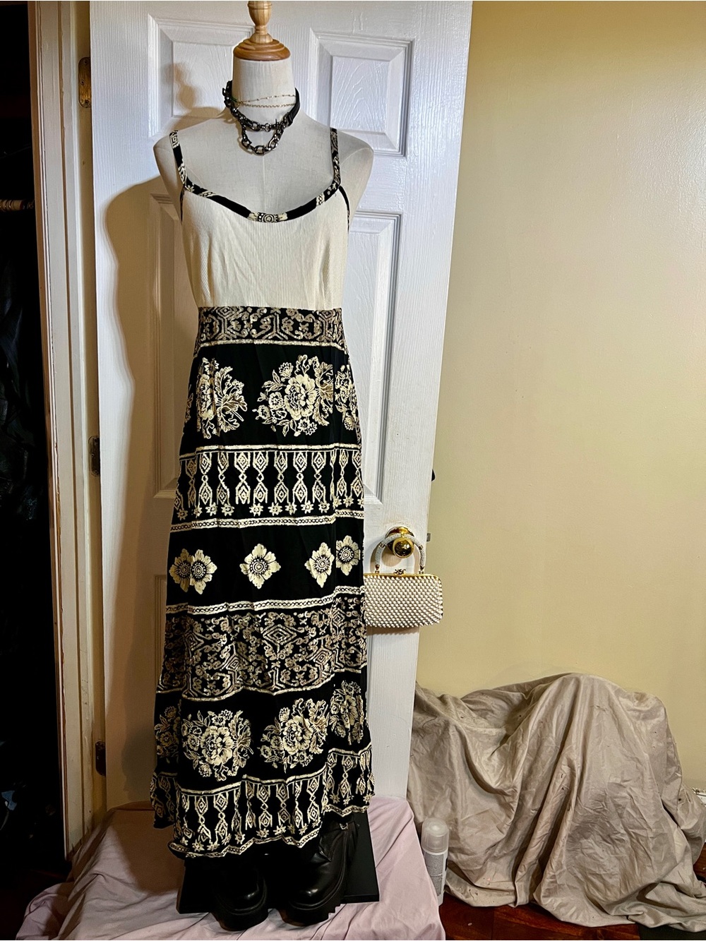 XOXO Vtg 90s Y2K Black Ribbed Floral Boho Babydoll Tank Festival Midi Dress S